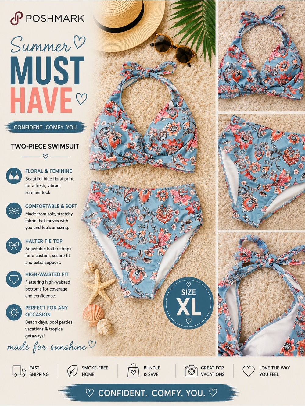 Blue Floral Halter Bikini Set | XL | High-Waisted | Vintage Boho Swimwear